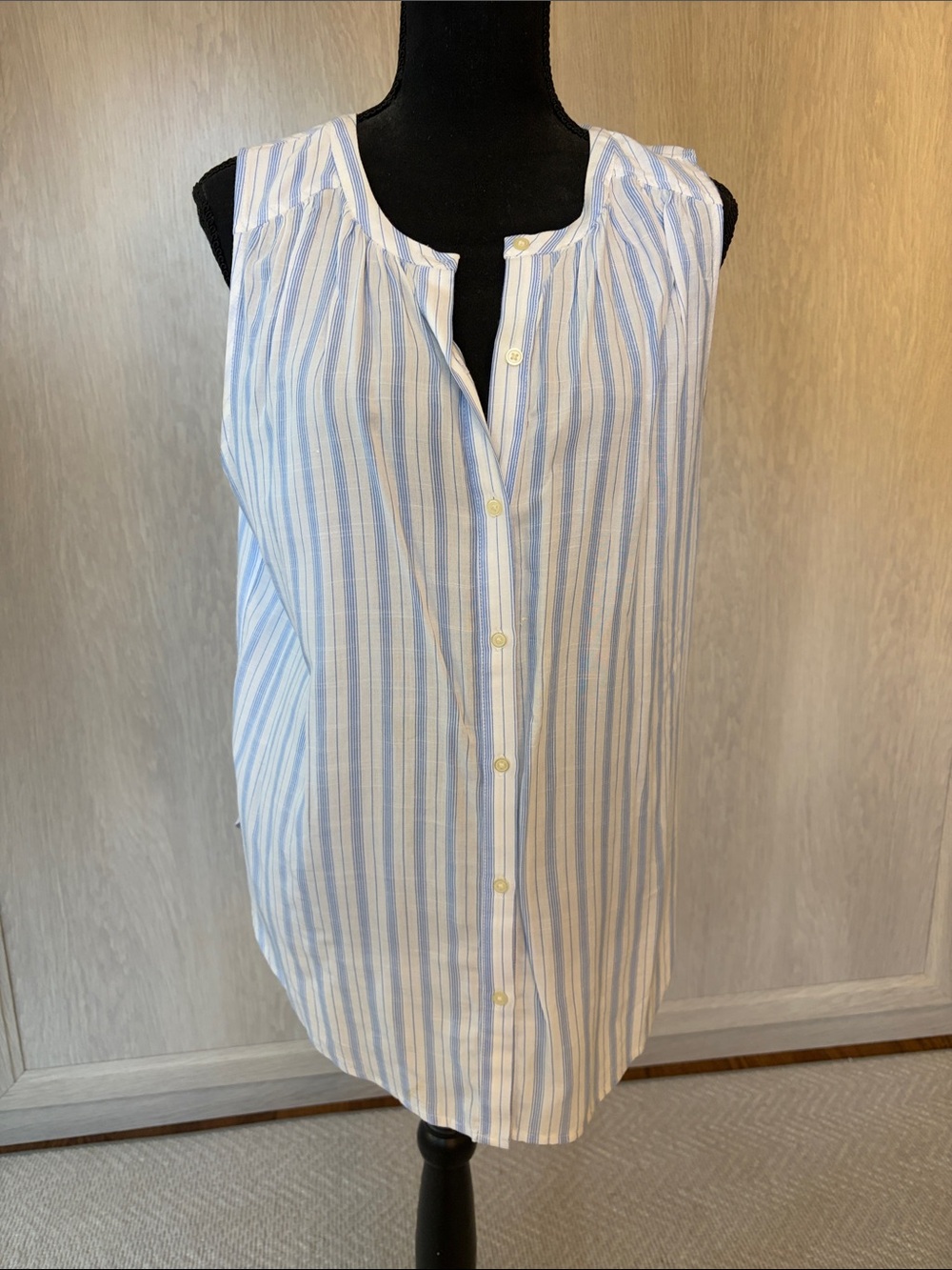 LOFT Light Blue and White Vertical Stripe Sleeveless Button-Front Tank